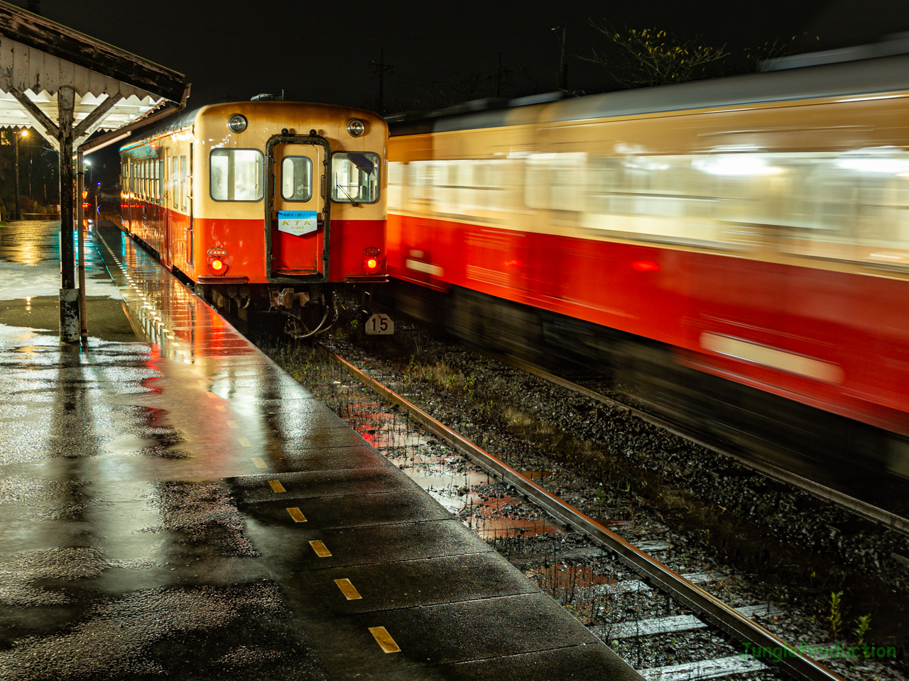 雨に濡れる馬立駅で列車交換待ちするキハ202